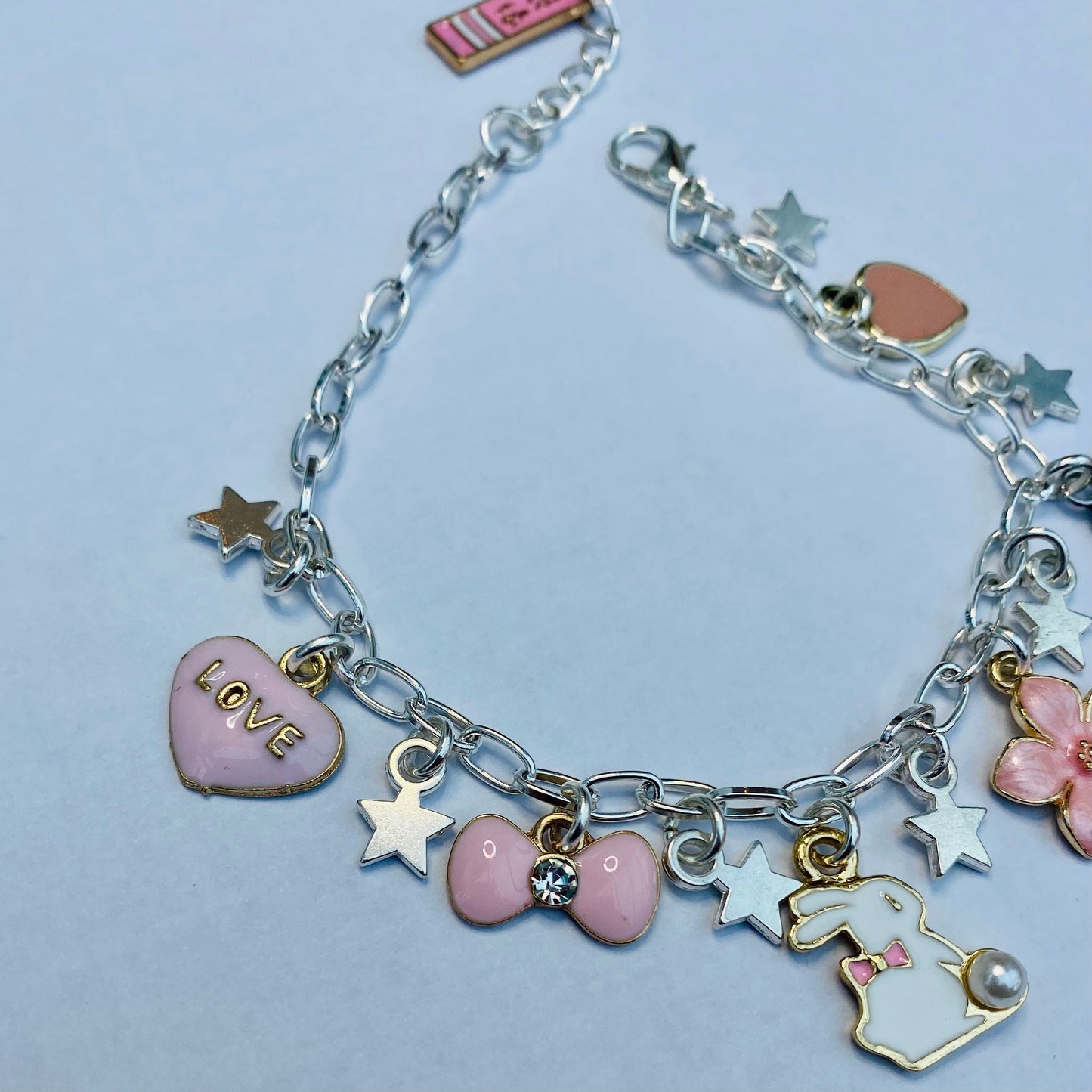 Charm bracelet silver chain cute anime bunny Sakura pink crystal kawaii charms