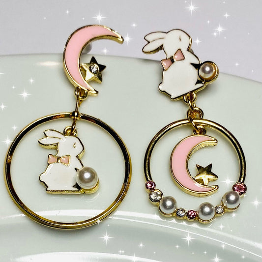 Kawaii white anime bunny pink circle moon star earrings stud asymmetric 