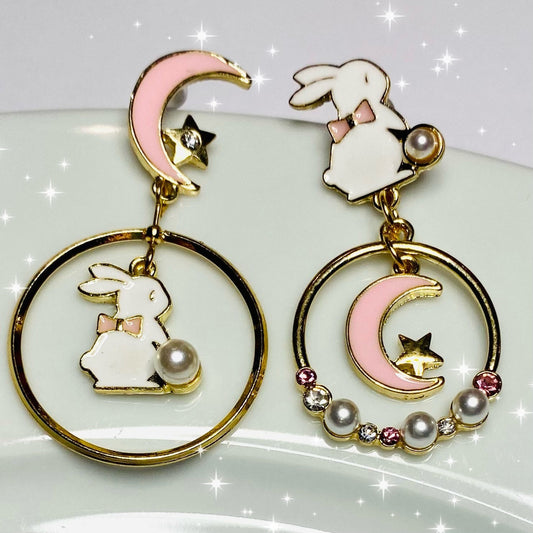 Kawaii white anime bunny pink circle moon star earrings stud asymmetric