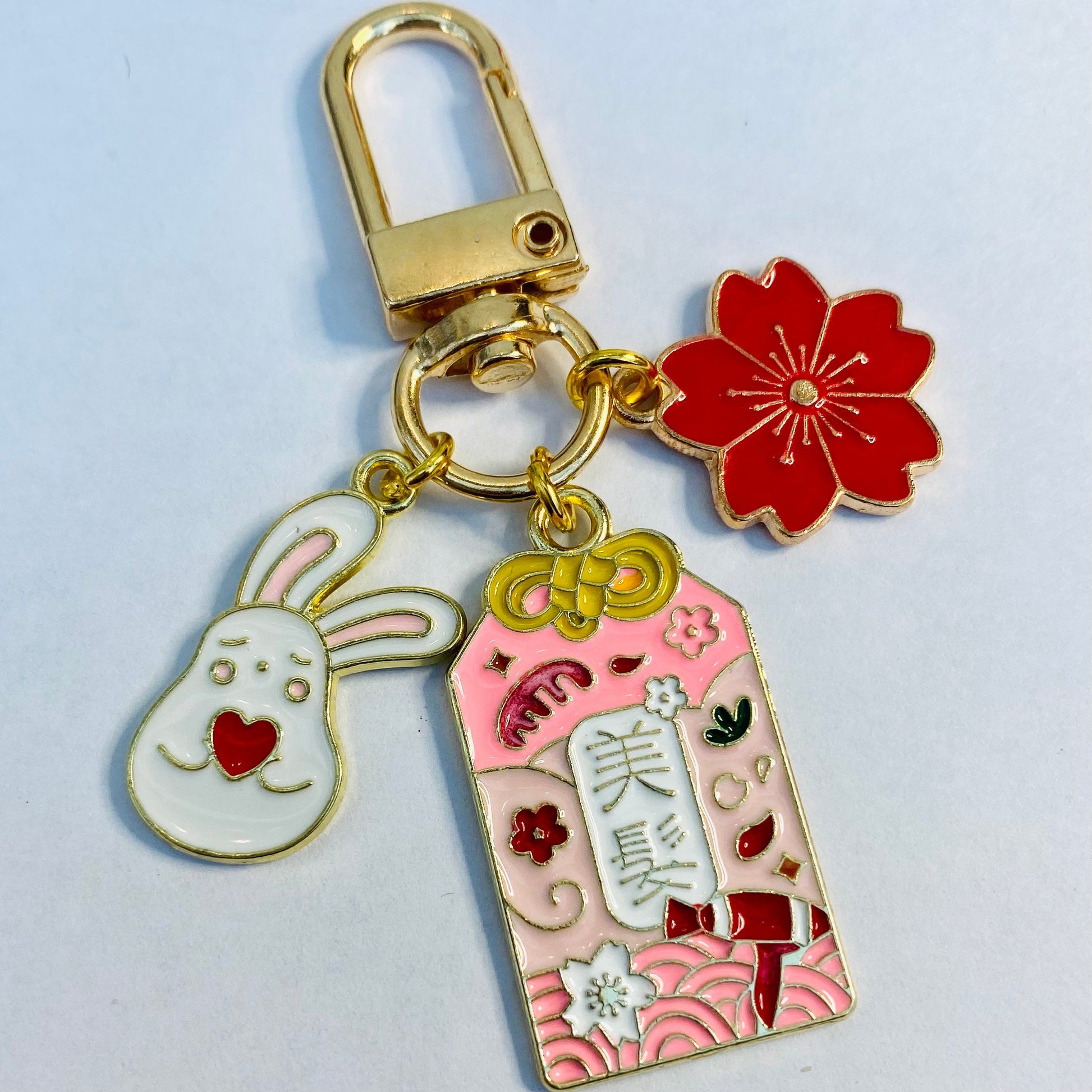 simple clip keyring option beauty omamori red flower bunny heart
