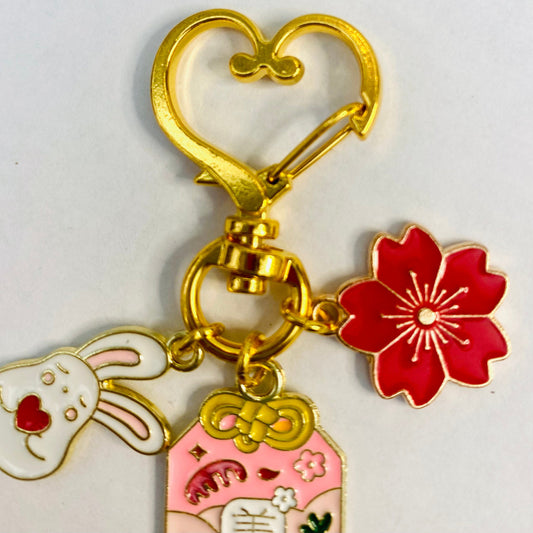 heart shaped keyring clip  pink beauty omamori sakura heart bunny charms