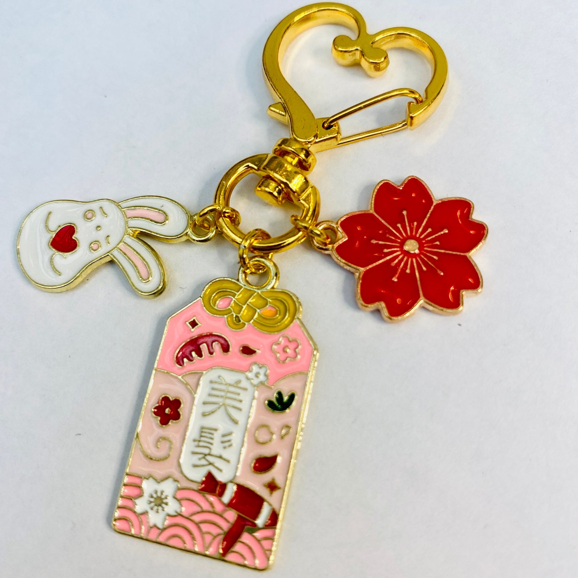 gold heart clip keyring beauty omamori red flower bunny heart