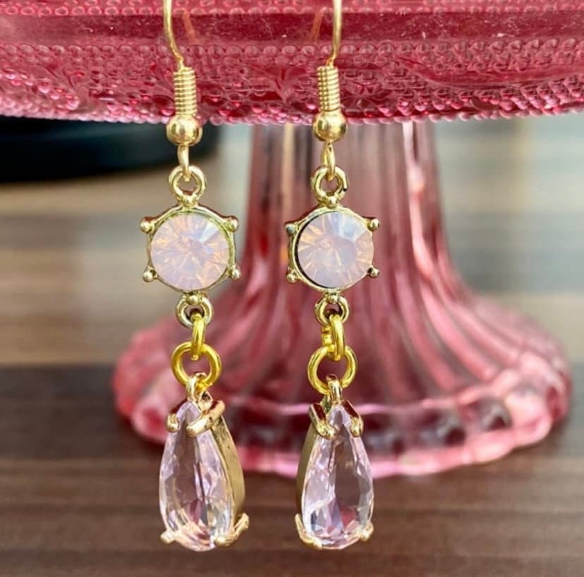 pink crystal two gemstone dangle drop earrings
