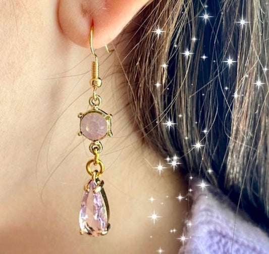 kawaii pink glass gemstone earrings dangle drop gold hook 