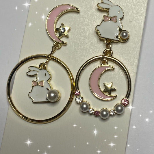Kawaii white anime bunny pink circle moon star earrings stud asymmetric