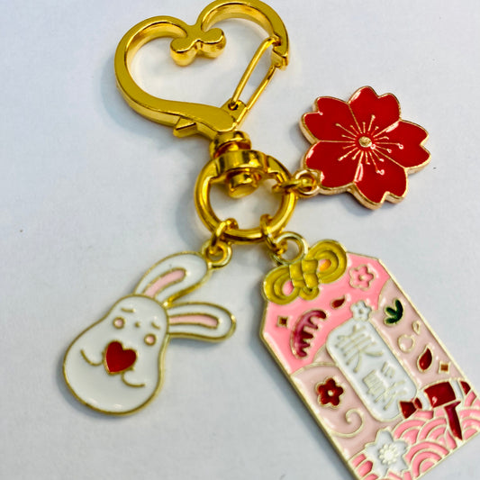 heart shaped keyring clip  pink beauty omamori sakura heart bunny charms