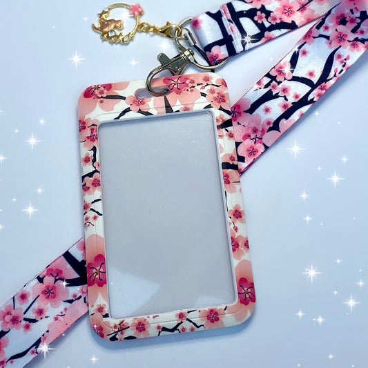 Kawaii ID badge holder with matching lanyard, travel pass holder bank credit card carry cover,  sakura cherry blossom keyring