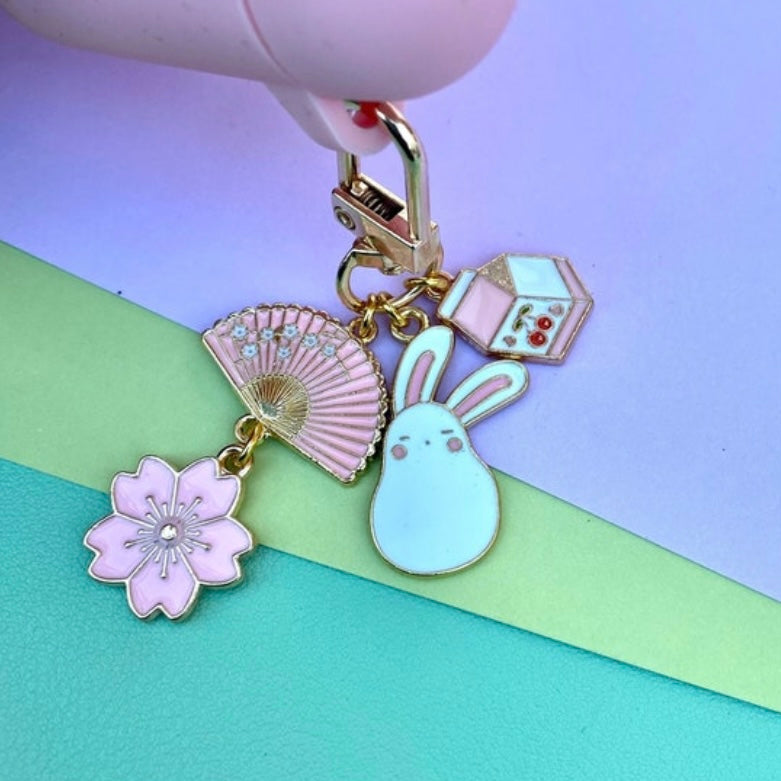 Sleepy anime bunny cherry milk carton fan sakura flower keyring