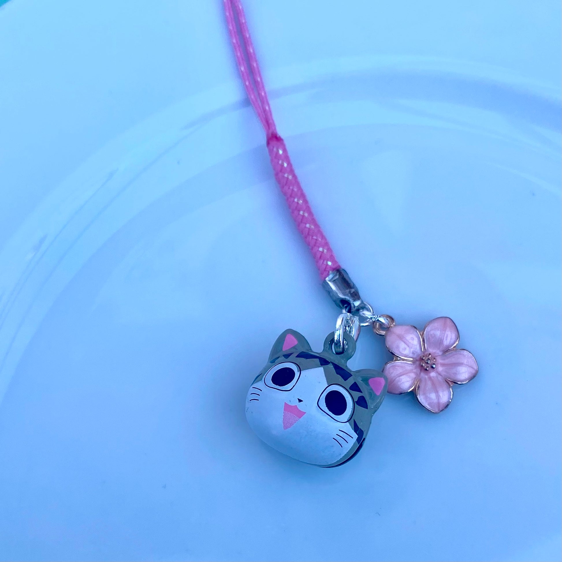 Anime cat bell pink japanese phone charm rope flower