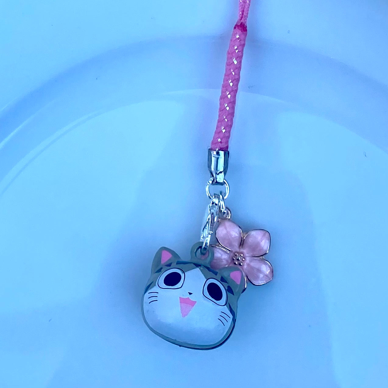Anime cat bell pink japanese phone charm rope flower