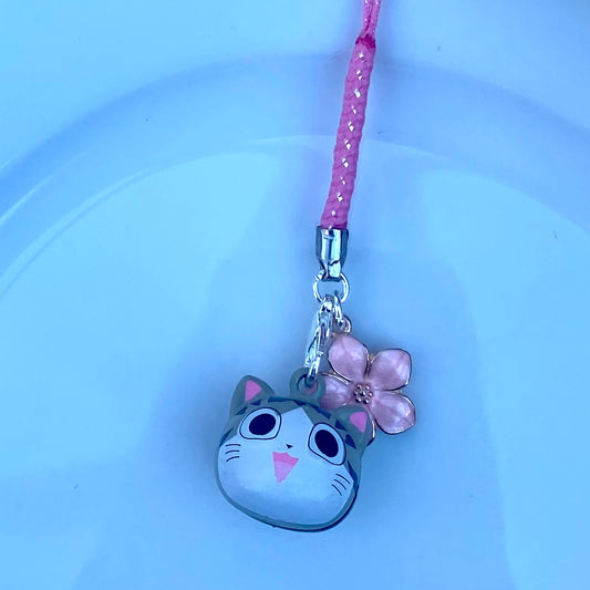 Anime cat bell pink japanese phone charm rope flower