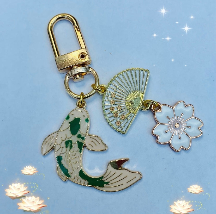 Keyring phone charm pod case clip Japanese style with koi fish fan sakura
