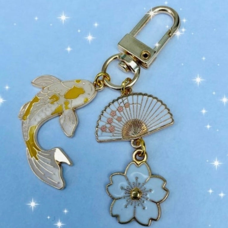 Keyring phone charm pod case clip Japanese style with koi fish fan sakura