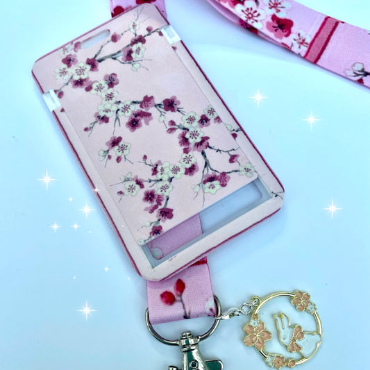Kawaii ID badge holder, Japanese sakura cherry blossom keyring credit card cover ,lanyard bank travel pass card