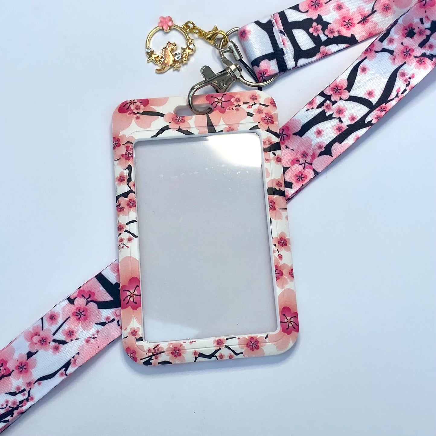 Kawaii ID badge holder with matching lanyard, travel pass holder bank credit card carry cover,  sakura cherry blossom keyring