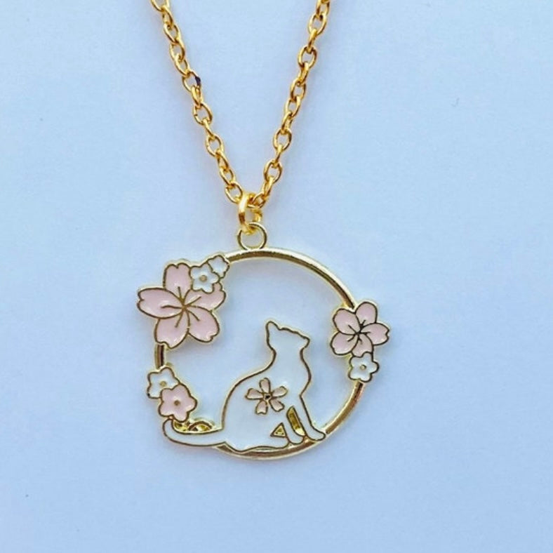 Kawaii moon cat sakura anime necklace gold chain cat lovers Japanese gift