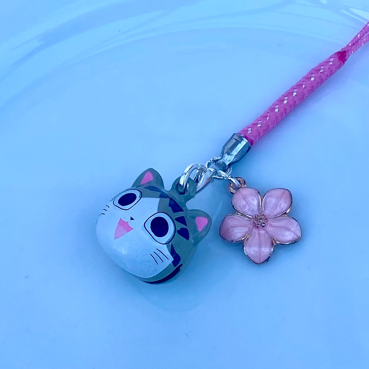 Anime cat bell pink japanese phone charm rope flower