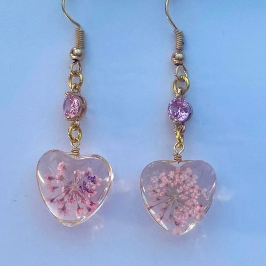 Pink resin heart earrings Sakura earrings dried flower cherry blossom earrings