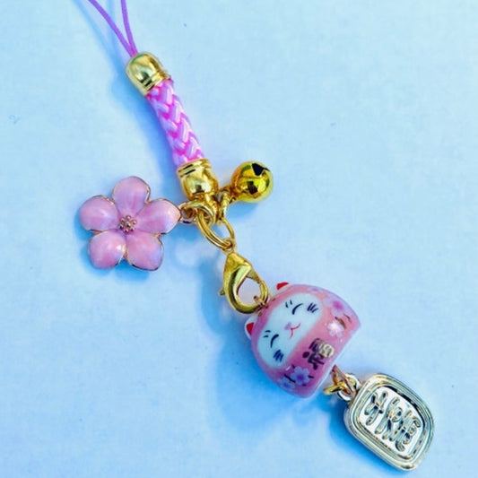 Maneki neko Phone charm lucky waving cat ear bud tie with sakura flower