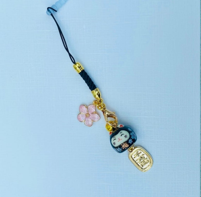 Maneki neko Phone charm lucky waving cat ear bud tie with sakura flower