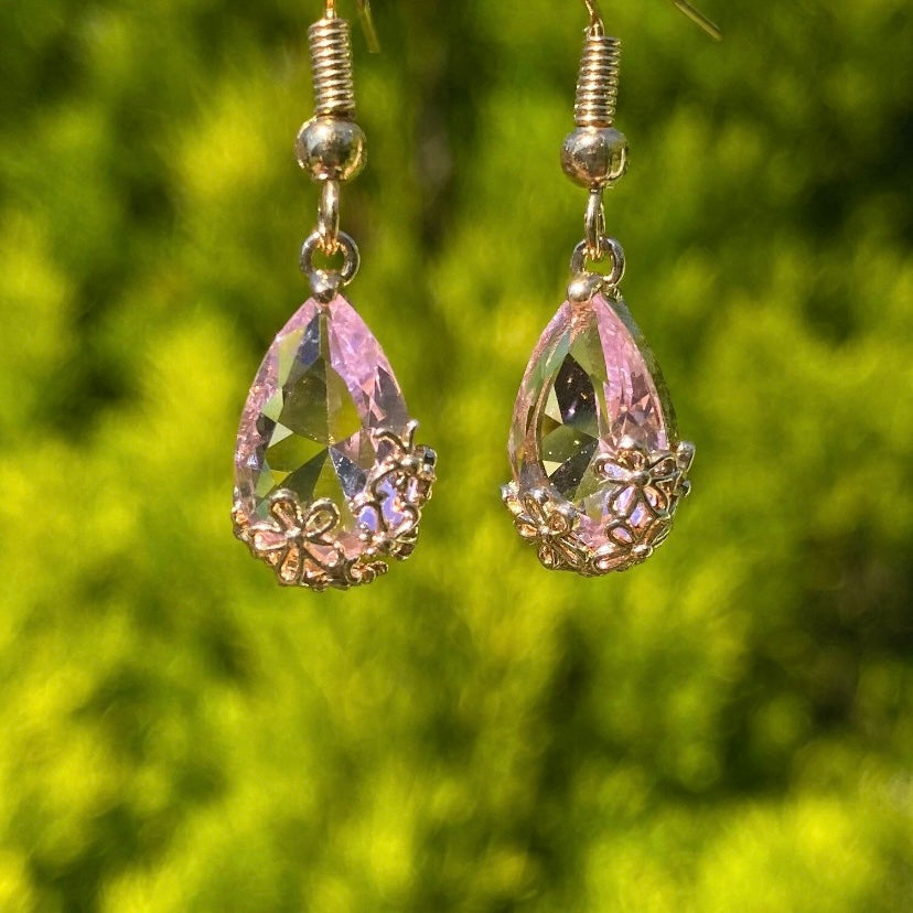 clear pink gemstone sakura flower gold embossed earrings dangle