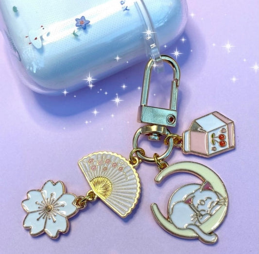 Japanese kawaii anime moon cat keyring phone charm with fan cherry milk blossom charms