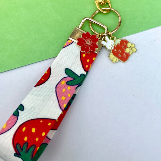 Japanese Strawberry bunny keychain short wrist strap keyfob  lanyard