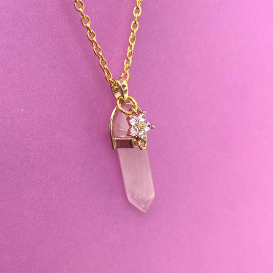 Rose crystal healing stone necklace pillar with flower crystal gemstone gold chain