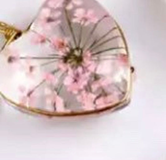 Pink resin heart earrings Sakura earrings dried flower cherry blossom earrings