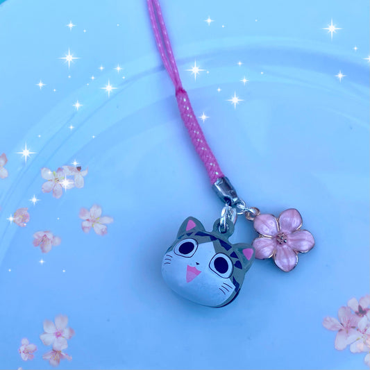 Anime cat bell pink japanese phone charm rope flower
