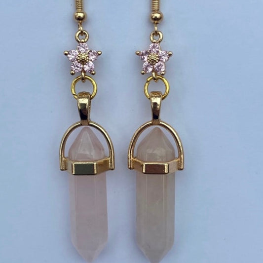 Rose crystal healing stone earrings  pillar with flower crystal gemstone gold chain