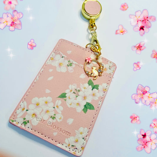 Kawaii ID badge holder flower pass credit card bank travel pass cover lanyard sakura cherry blossom