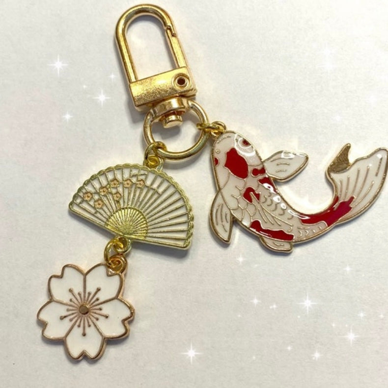 Keyring phone charm pod case clip Japanese style with koi fish fan sakura