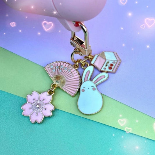 Sleepy anime bunny cherry milk carton fan sakura flower keyring