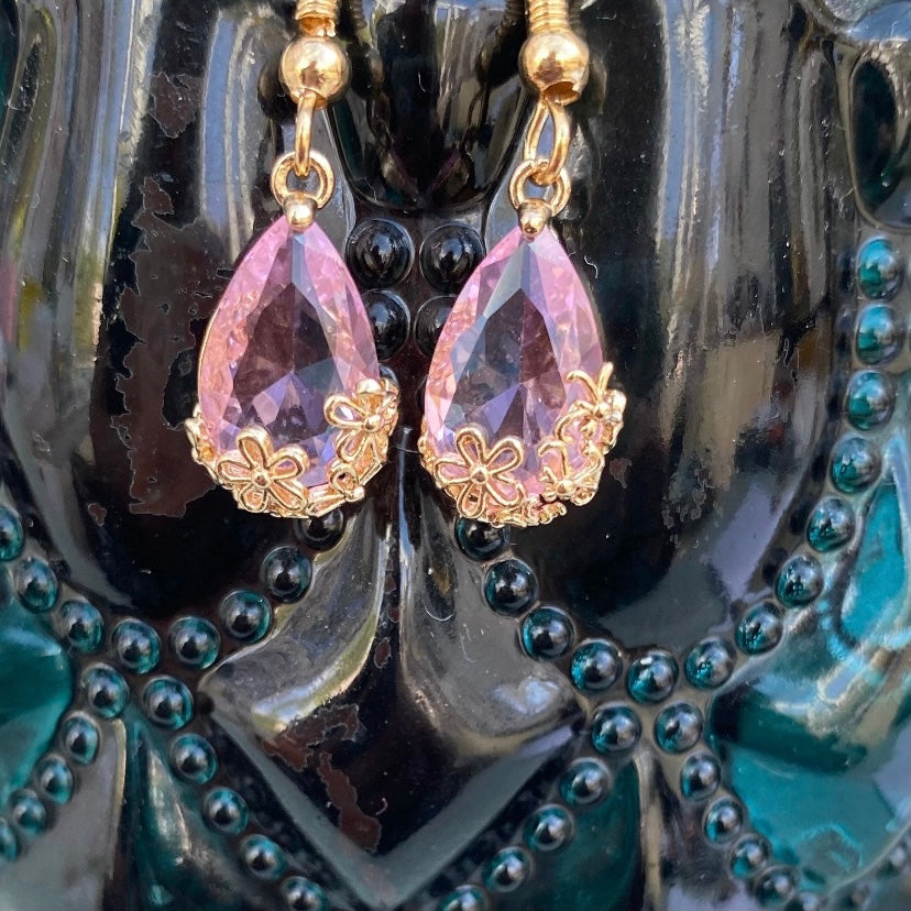 clear pink gemstone sakura flower gold embossed earrings dangle