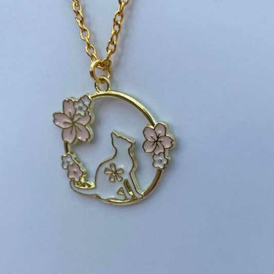 Kawaii moon cat sakura anime necklace gold chain cat lovers Japanese gift