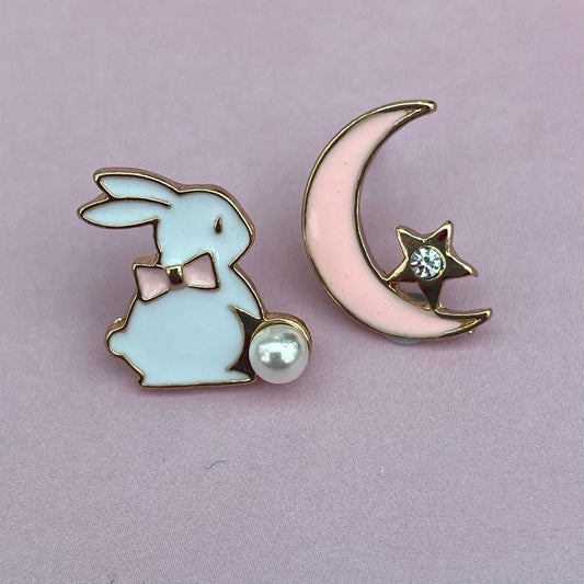 kawaii pink moon star anime bunny stud earrings  korean japanese style