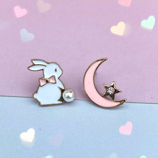 kawaii pink moon star anime bunny stud earrings  korean japanese style