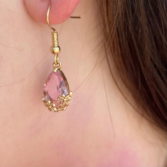 clear pink gemstone sakura flower gold embossed earrings dangle 