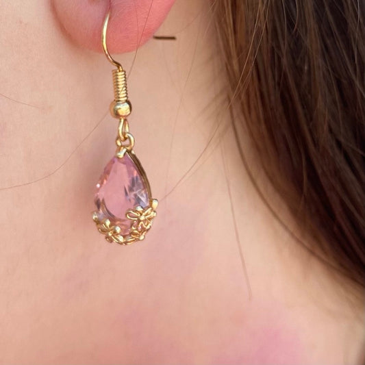 clear pink gemstone sakura flower gold embossed earrings dangle