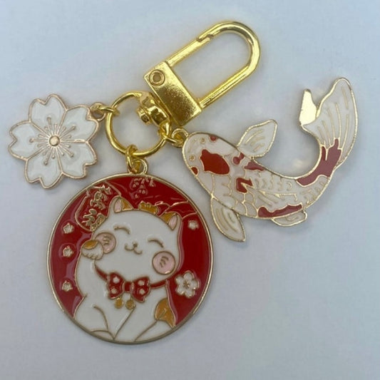 Lucky waving Chinese cat koi fish keyring, keychain phone case charm, new year