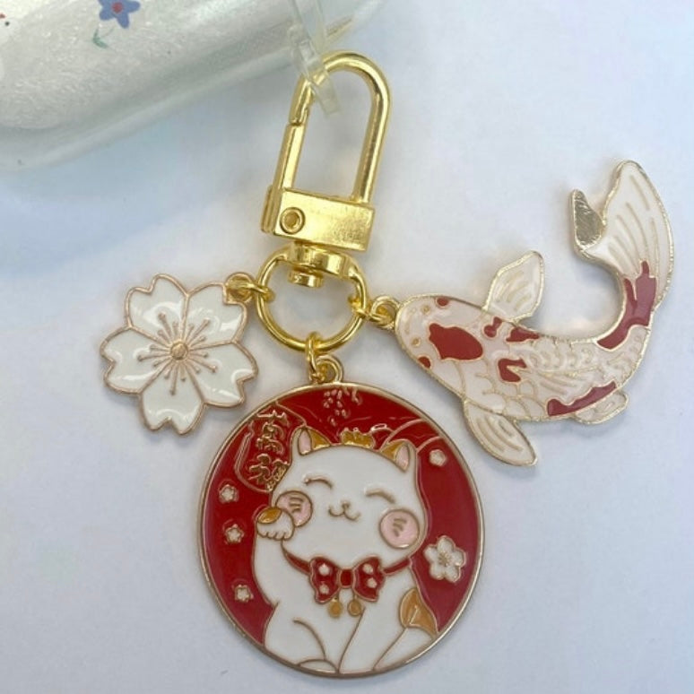 Lucky waving Chinese cat koi fish keyring, keychain phone case charm, new year