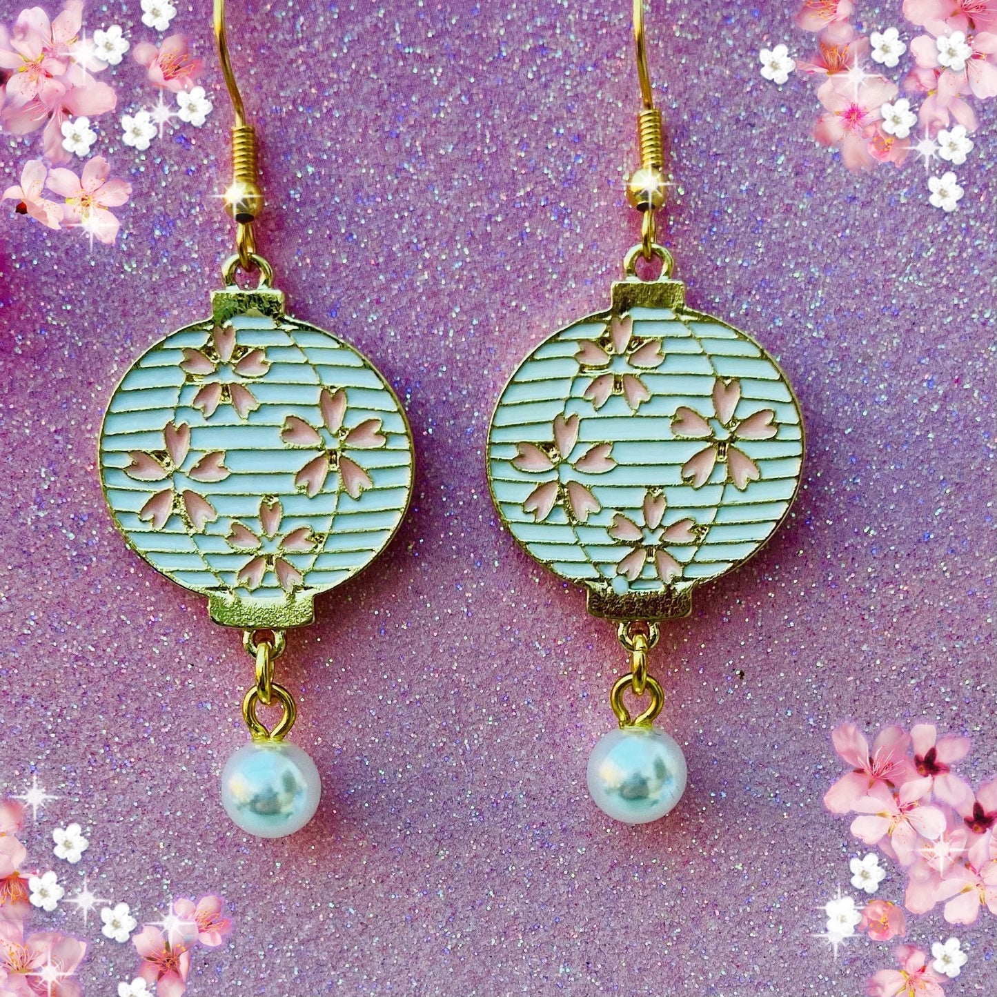 Vintage style Sakura blossom Japanese lantern and Pearl drop earrings