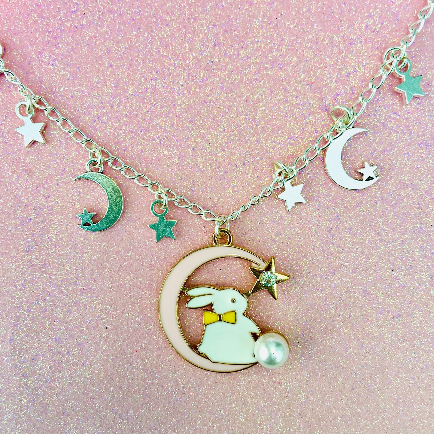 handmade silver chain necklace choker pastel pink bunny silver stars and moon