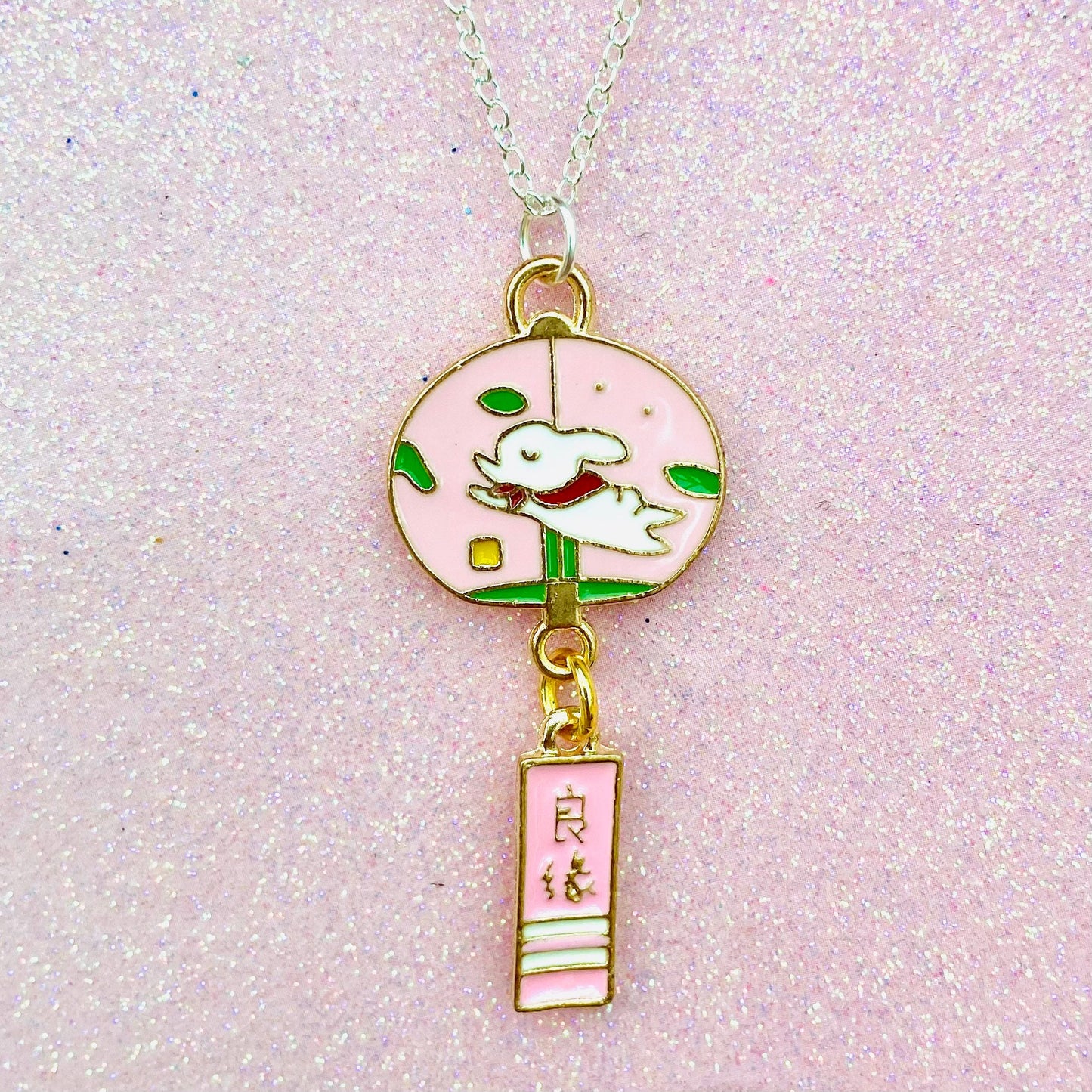 Kawaii lucky bunny necklace Japanese Sakura rabbit blessing bell drop silver chain