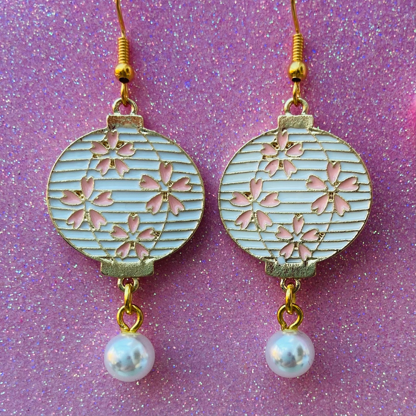 Vintage style Sakura blossom Japanese lantern and Pearl drop earrings