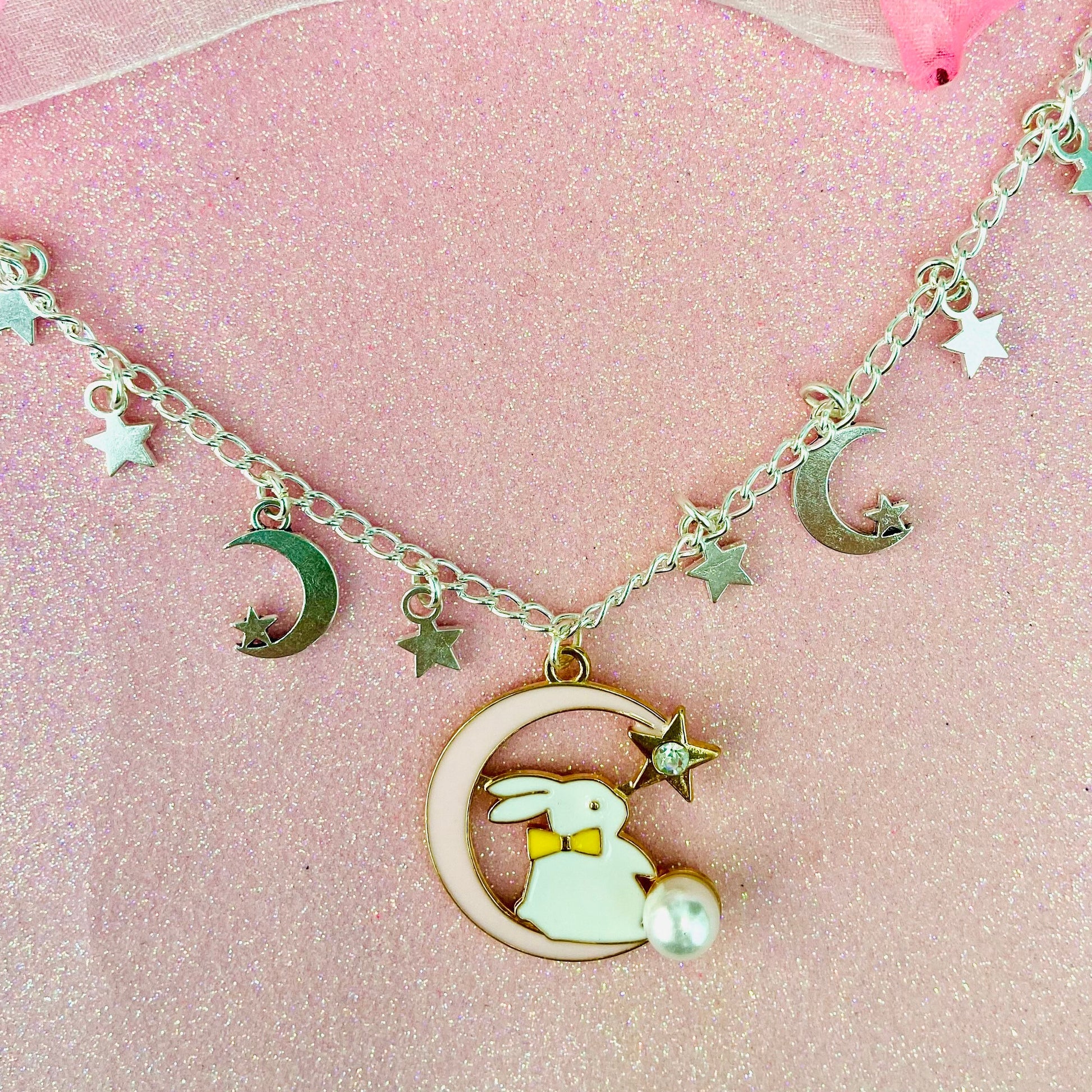 handmade silver chain necklace choker pastel pink bunny silver stars and moon