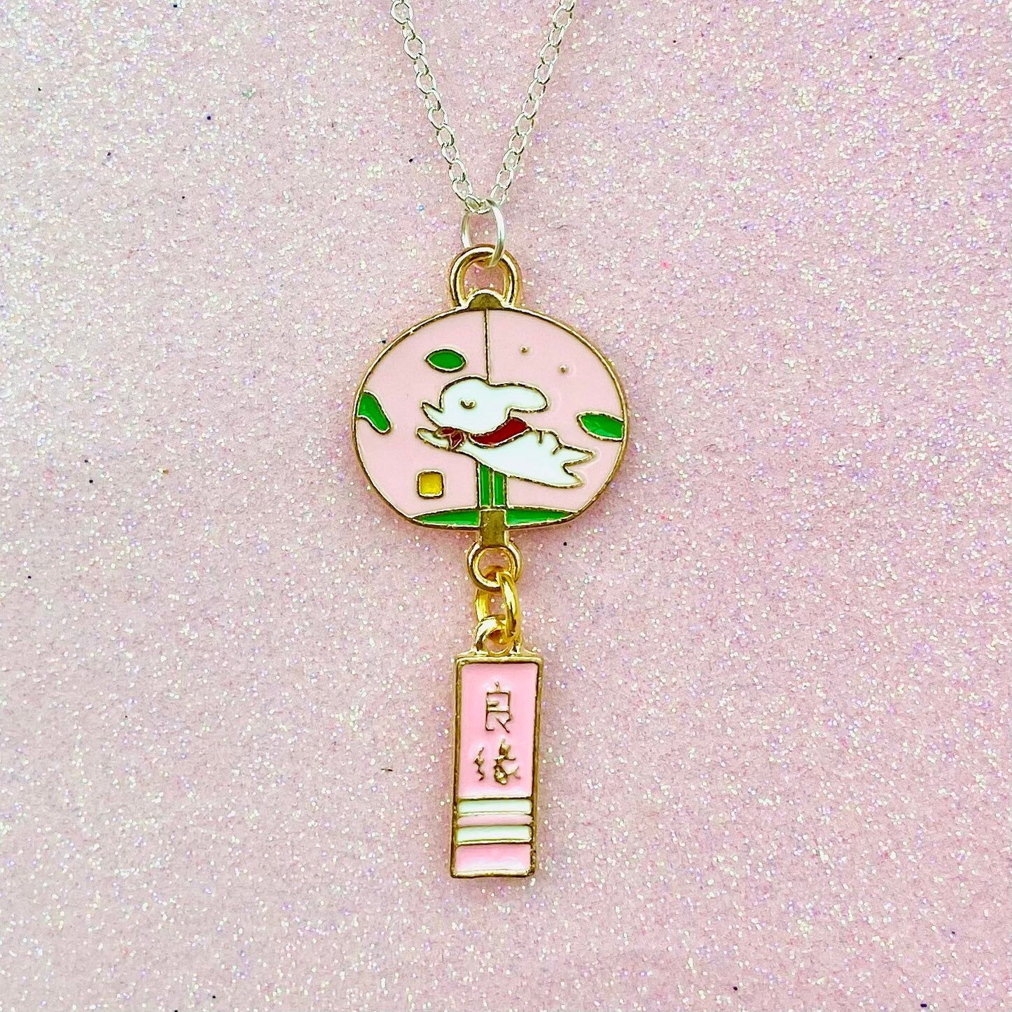 Kawaii lucky bunny necklace Japanese Sakura rabbit blessing bell drop silver chain