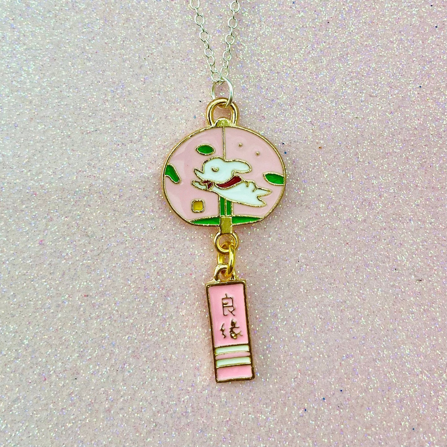 Kawaii lucky bunny necklace Japanese Sakura rabbit blessing bell drop silver chain