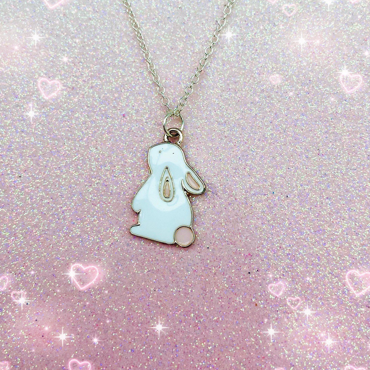 Kawaii Sleepy anime bunny moon necklace silver chain japanese charm